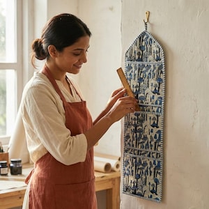May include: A vertical fabric wall organiser featuring a blue and white mushroom pattern with three tiered pockets and a pointed top. The organiser is suspended from a gold hook and is being measured with a wooden ruler held against its surface.