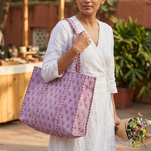 Quilted Cotton Tote Bag with Artisan Pattern Prints and Large Shoulder Handles