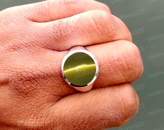 Natural Golden Chrysoberyl Cats Eye Ring Sterling Silver Ring Gift For Men Ring For Men Hand Crafted Ring Round Stone Ring Signet Men Ring