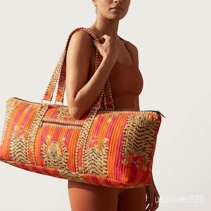 Tiger Print Quilted Yoga Bag - Large Orange Hand Block Print Cotton Tote