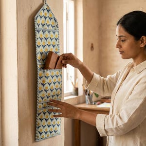 May include: A fabric wall organiser with three pockets, patterned with yellow flowers on a light blue background, and a navy blue border. A person is placing brown items into the top pocket. The organiser is hanging on a beige wall.