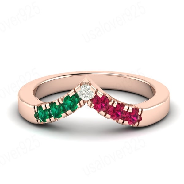 Élégante bague émeraude rubis incurvée en V à chevrons - À superposer et à assortir - Bijoux cadeaux d'anniversaire non traditionnels - Bijoux en pierres précieuses