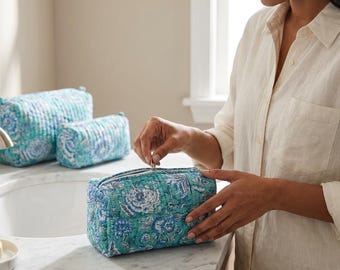 Set of 3 Quilted Makeup Bags, Cotton Toiletry & Cosmetic Travel Pouch