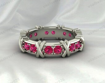 Sterling Silver Ruby Wedding Band, Half Eternity Stacking Ring