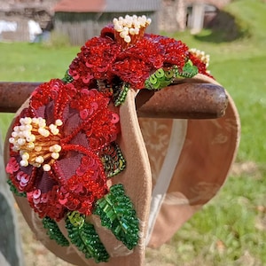 Beaded Floral Headband: Embroidered Jeweled Tiara - Red, Green & Gold
