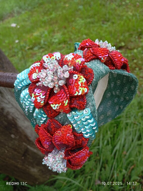 BEAUTIFUL BOLD SEQUIN BEADED FLORAL HAIR BAND Twine and Love | Mexican Floral Beaded Knot Headband  main image 2