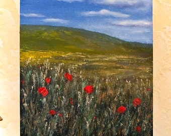 Landscape art Meadow Flowers Poppies Original Oil Painting Art Sunny Glade Fine Art Poppy Field Original art One copy Small picture