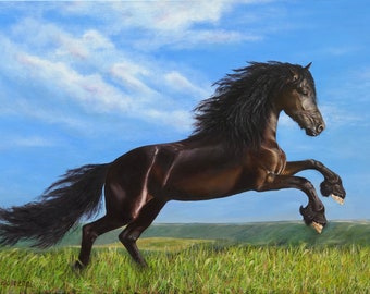 Horse Oil painting on canvas LINEN Original Black horse Oil painting Horse Gift Oil Painting Demo Wall Decor photorealism