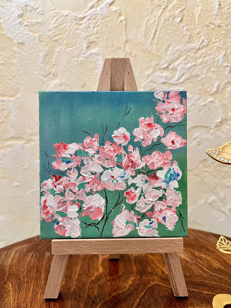 Blooming Sakura Oil Painting Miniature Art Original Art Flower Mini Picture sakura branch art Sakura decor malarstwo image 1