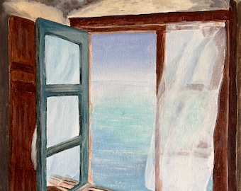 Seascape Oil Painting Still Life Window Sunlight Window View Sea realistic original painting Blue sea oil painting Marine painting