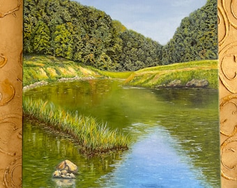 Pintura realista de paisaje, óleo original, arte de estanque, arte de paisaje, decoración de pared, regalo, cuadro de río