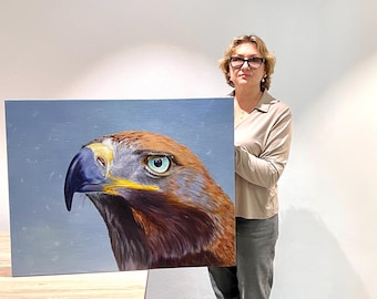 鷲のように立ち上がれオリジナル絵画、白頭鷲、オーロラと松林、青緑の