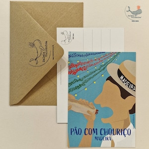 Postal pão com chouriço, comida verdadeira ilha da Madeira, desenho original
