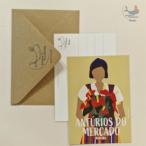 Postal Antúrio do Mercado dos Lavradores Funchal ilha da Madeira impressão e envelope recicladaos