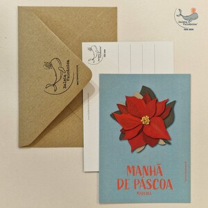 Postal Manha de Pascoa o Poinsetia Representação flor de natal Madeira Impressão cartolina reciclado sobre kraft reciclado