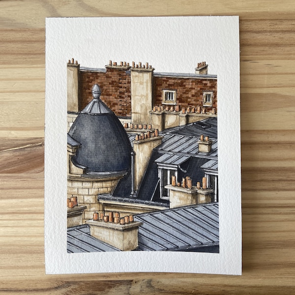 Oeuvre originale & Fine Art - Illustration à l'aquarelle, inspirée des toits de Paris