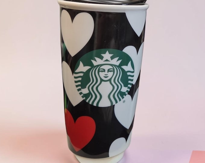Starbucks 12 Ounce White Hearts with One Red Heart Ceramic Tumbler NWT