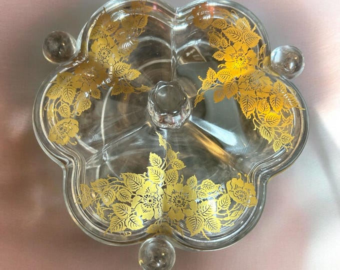 Vintage Three Section Glass Snack Bowl with Top / All Gold is inside glass!