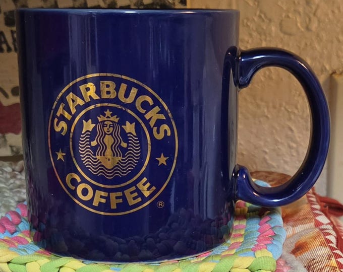 Starbucks Deep Blue Mug with Gold Mermaid Logo 10oz Vintage Collectible
