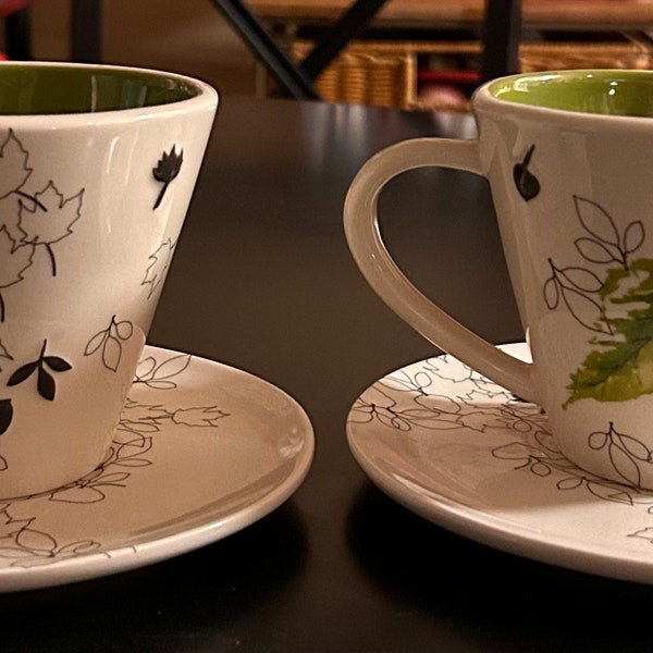 Two 2007 Starbucks Green Leaves Latte, Coffee or Teacup & Saucer Sets