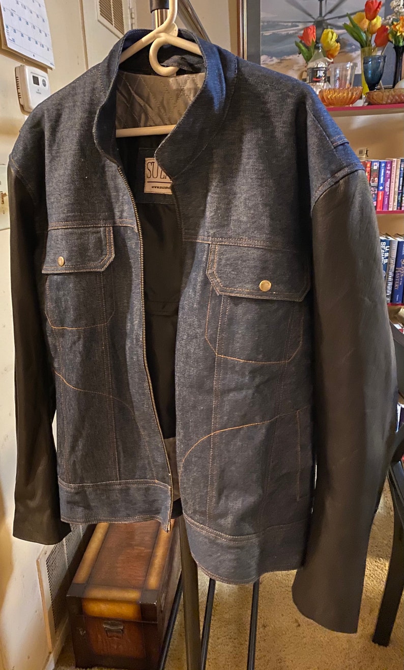 Men's Denim Jacket With Black Leather Sleeves, Size 2xl/wide - Etsy