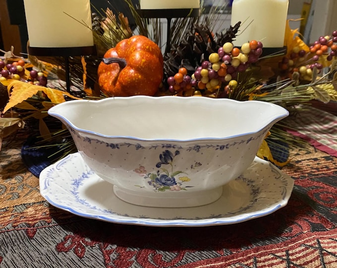 Nikko Ware Blue Peony ceramic Gravy Boat and Separate Underplate 1970s