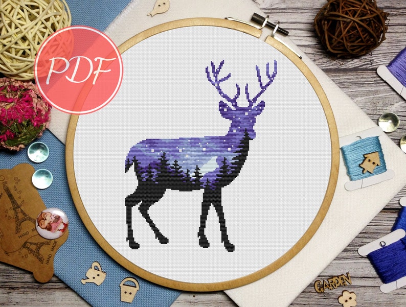 Deer Starry sky cross stitch Landscape cross stitch Animal silhouette cross stitch pattern lynx and bear cross stitch
