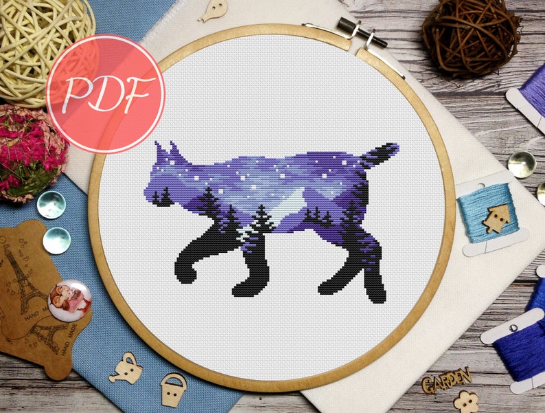 Deer Starry sky cross stitch Landscape cross stitch Animal silhouette cross stitch pattern lynx and bear cross stitch