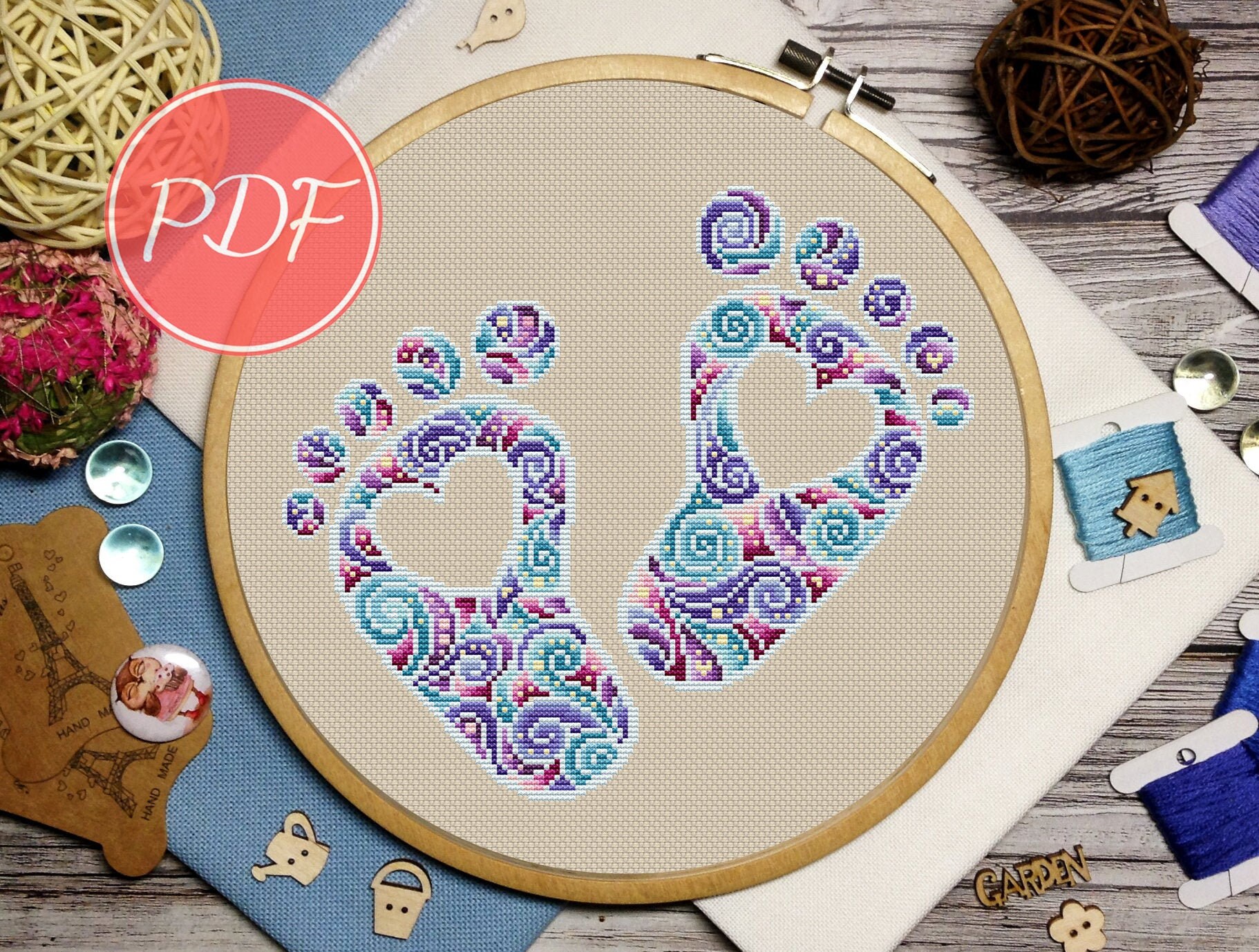 Mandala baby foot cross stitch pattern Baby footprints cross Etsy