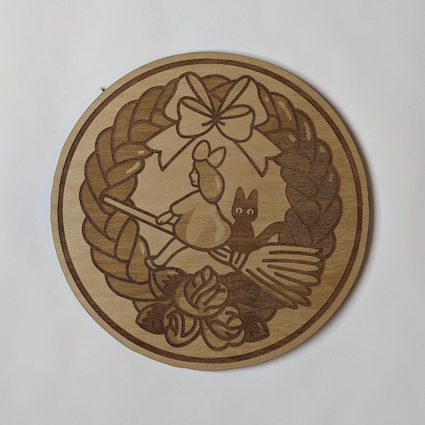 Kiki's Delivery Service Wreath Wood Potholder: Felt Backing, Anime Decor, Anime Art, Kitchen Decor, Hot Plate Pad, Gift for Her
