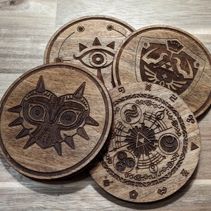 Zelda Coasters: Set of Four Different Images, Laser Engraved Wood with Felt image 1