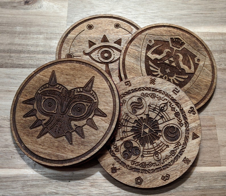 Zelda Coasters: Set of Four Different Images, Laser Engraved Wood with Felt image 1