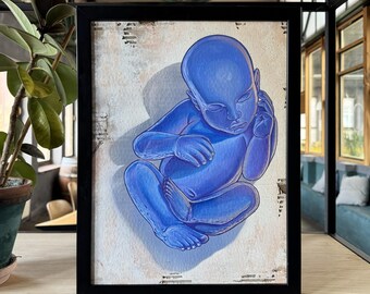 Blue Baby I Original street art artwork on recycled cardboard