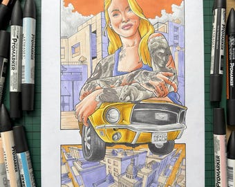 Architecture - portrait - ford mustang - city landscape - street art - drawing