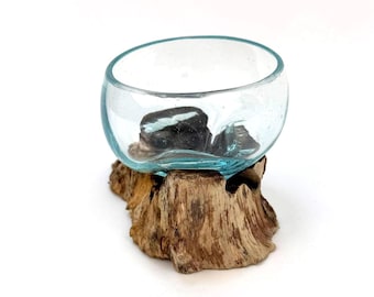 Small Glass and Teak Root Vase | Handmade Molten Glass Art Decor | Unique Eco Friendly Home Gift table garden decoration Recycled