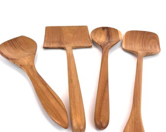 Teak Wood Utensil Set of 4 | Personalised Handmade Kitchen Tools | Spatula, Spoon & Turner Gift Set | Natural Teak Cookware