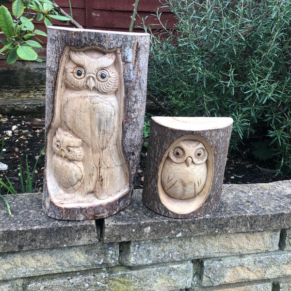 Owl log hand carved 2 sizes natural wood slice garden ornament large 15cm and 30cm