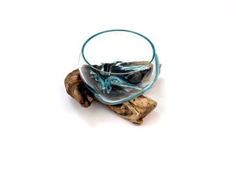 Medium Glass and Teak Root Vases | Handmade Molten Glass Art Decor | Unique Eco Friendly Home Gift table garden decoration Recycled