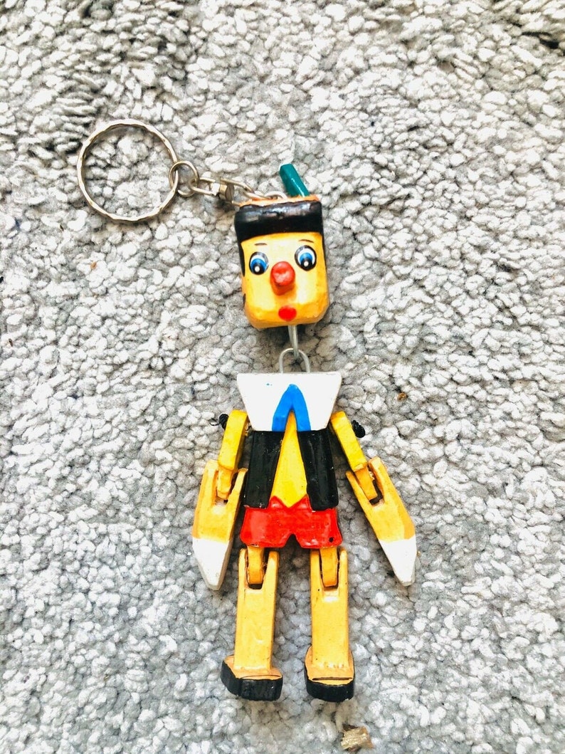 Pinocchio Keychain Wooden Handmade Key Ring Retro