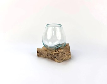 Small Glass and Teak Root Vase | Handmade Molten Glass Art Decor | Unique Eco Friendly Home Gift table garden decoration Recycled