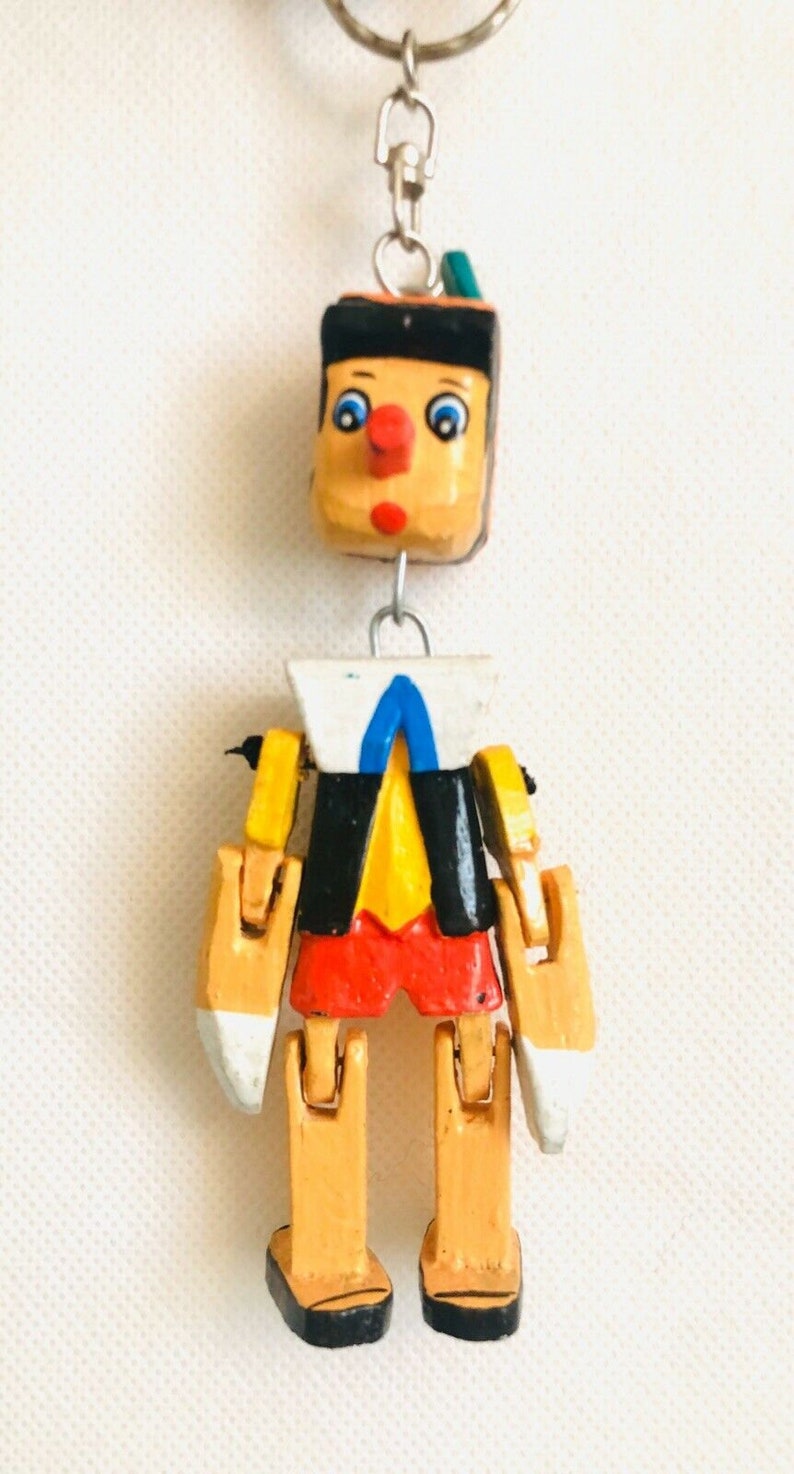 Pinocchio Keychain Wooden Handmade Key Ring Retro