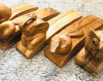 Doorstopper Wooden Animal Hand Crafted Owl Elephant Snake Dolphin Rabbit Squirel