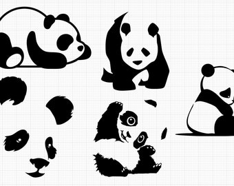 May include: A set of black and white panda bear illustrations in various poses. The pandas are drawn in a simple, cartoon style.