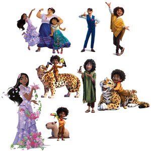 May include: A colorful illustration featuring various characters from the animated film 'Encanto'. The characters are depicted in different poses and settings, including a family of three, a man in a suit, a woman in a poncho, a boy riding a jaguar, and a girl holding a flower.