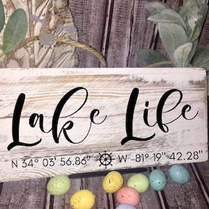 Lake Life Sign | Lake Murray Latitude Longitude Coordinates | Wood Sign | Distressed Pallet Plank