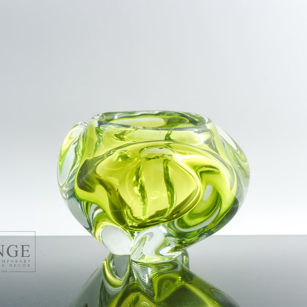 Mid Century Green & Clear Art Glass Vase | Hand Blown Czech Glass Vessel | Mid Century Modern