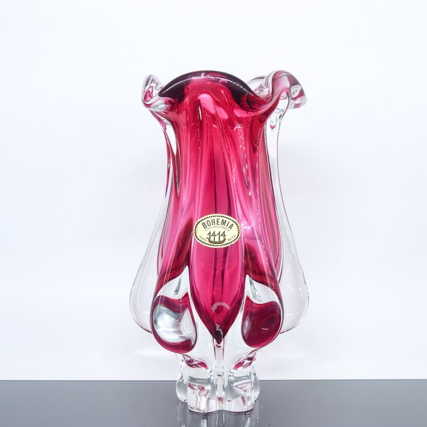 Mid Century Pink Glass Vase by Josef Hospodka for Chribska | Vintage Blown Bohemian Glass Vase.