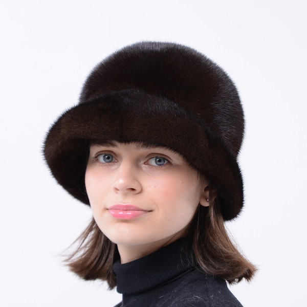 Women's Fur Hat "Charlie" Real Luxurious Mink Fur and Warm Winter Mink Bucket Hat dark brown and iris color