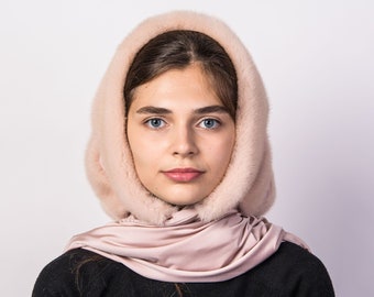 Womens Fur Scarf Head, Winter Real Mink Fur Hat