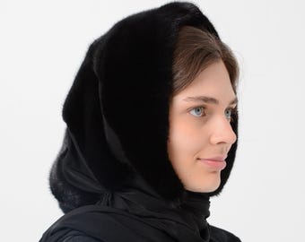 Black Fur Scarf Head, Winter Real Mink Fur Hat